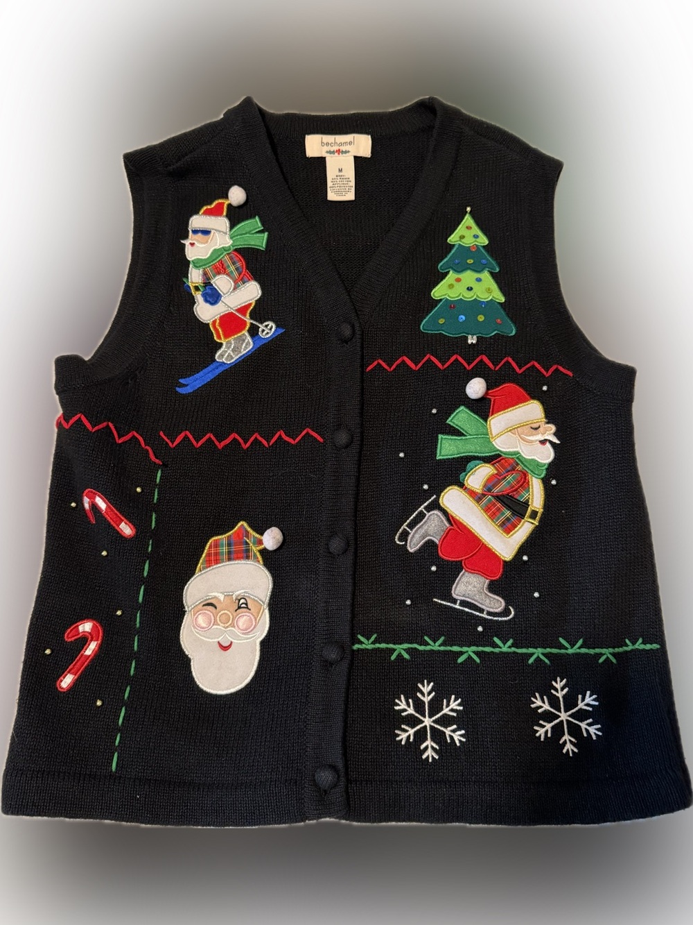 Vtg Bechamel Christmas Knit Vest Santa Christmas Tree Ski Beads Black Womens M